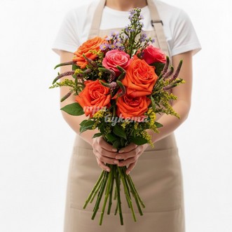 Букет с розами и матрикарией